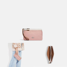 COACH Double Zip Wallet In Colorblock Signature Canvas - Color: Silver/Chalk/Powder Pink Multi