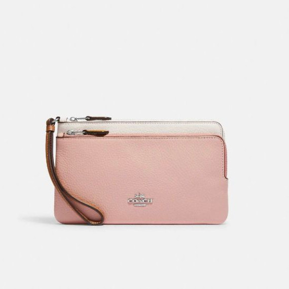 COACH Double Zip Wallet In Colorblock Signature Canvas - Color: Silver/Chalk/Powder Pink Multi