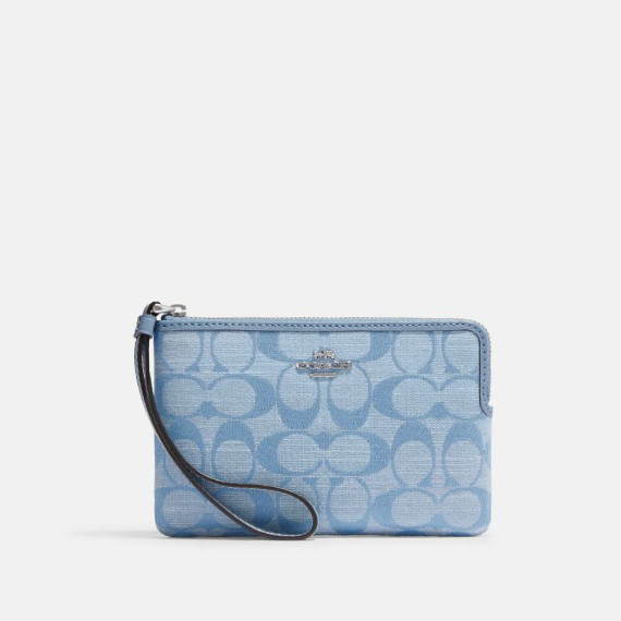 COACH Corner Zip Wristlet In Signature Chambray - Color: Silver/Cornflower Multi