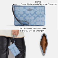 COACH Corner Zip Wristlet In Signature Chambray - Color: Silver/Cornflower Multi