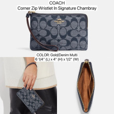 COACH Corner Zip Wristlet In Signature Chambray - Color: Gold/Denim Multi