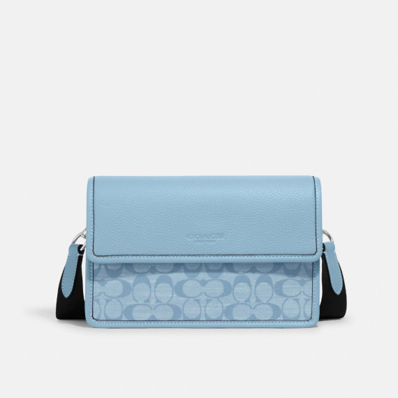 [美國代購] COACH Turner Flap Crossbody In Signature Chambray - Color: Silver/Light Blue