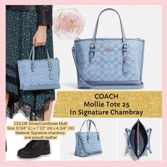 COACH Mollie Tote 25 in Signature Chambray - Color: Silver/Comflower Multi