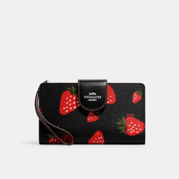 [美國代購] COACH Tech Wallet With Wild Strawberry Print - COLOR: Silver/Black Multi