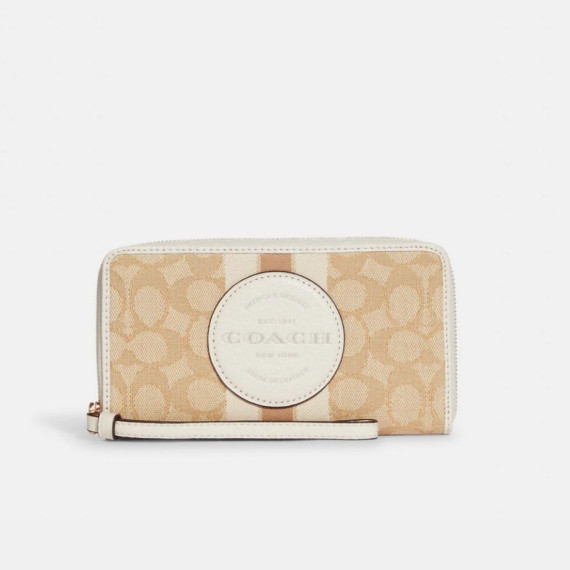 [美國代購] COACH Dempsey Large Phone Wallet In Signature Jacquard With Stripe And Coach Patch - COLOR: Gold/Light Khaki Chalk