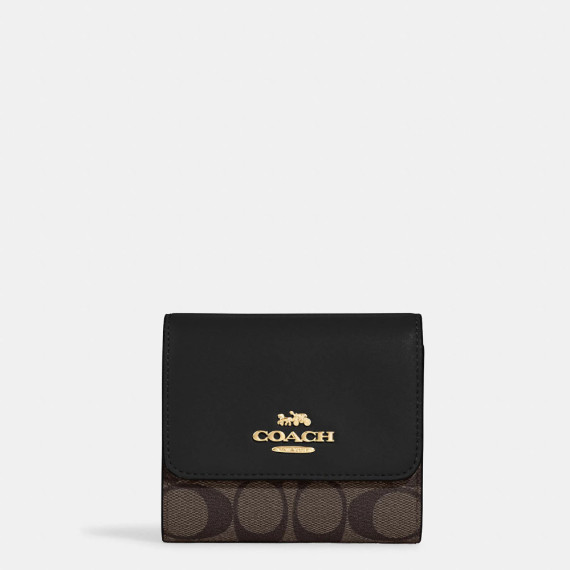 [美國代購] COACH Small Trifold Wallet In Blocked Signature Canvas - Color: Gold/Brown Black