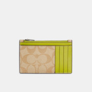 [美國代購] COACH Zip Card Case In Signature Canvas - Black Antique Nickel/Light Khaki/Key Lime