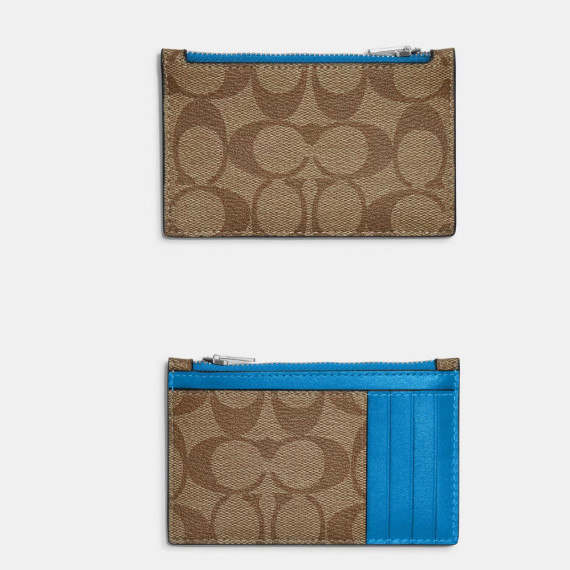 [美國代購] COACH Zip Card Case In Signature Canvas - Silver/Khaki/Racer Blue