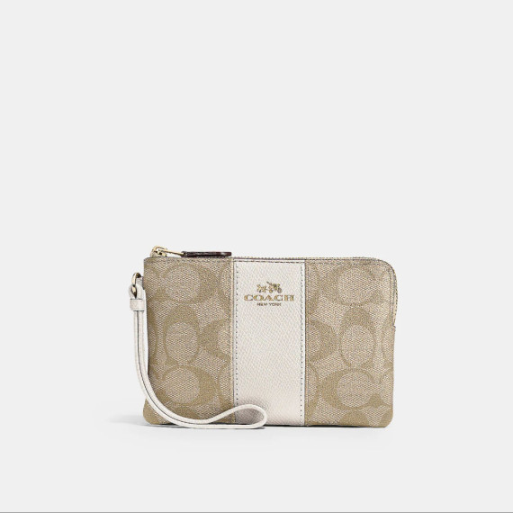 美國代購 COACH Corner Zip Wristlet In Signature Canvas  COLOR: Gold/Light Khaki Chalk