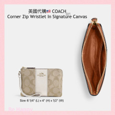 美國代購 COACH Corner Zip Wristlet In Signature Canvas  COLOR: Gold/Light Khaki Chalk