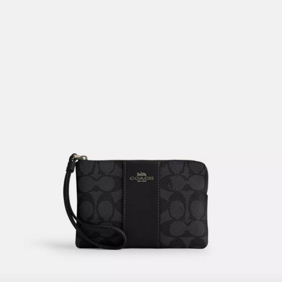 [美國代購] Coach Corner Zip Wristlet in Signature Canvas with Stripe - Gold/Black/Black