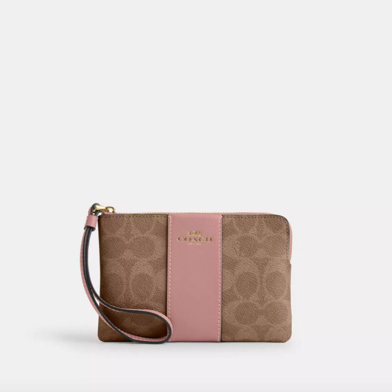 [美國代購] Coach Corner Zip Wristlet in Signature Canvas with Stripe - Gold/Tan/Taupe