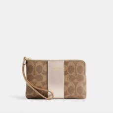 Coach Corner Zip Wristlet in Signature Canvas with Stripe - Gold/Tan/Chalk